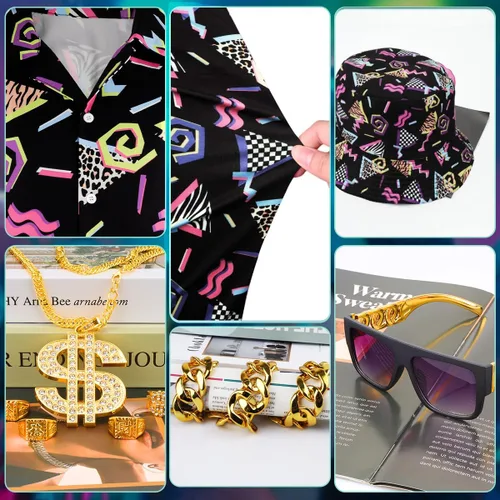 Vista 5 de WILDPARTY Traje de los años 80 y 90 para hombre, disfraz de hip hop, blusa con botones, blusa de discoteca retro, traje de fiesta temática hawaiana