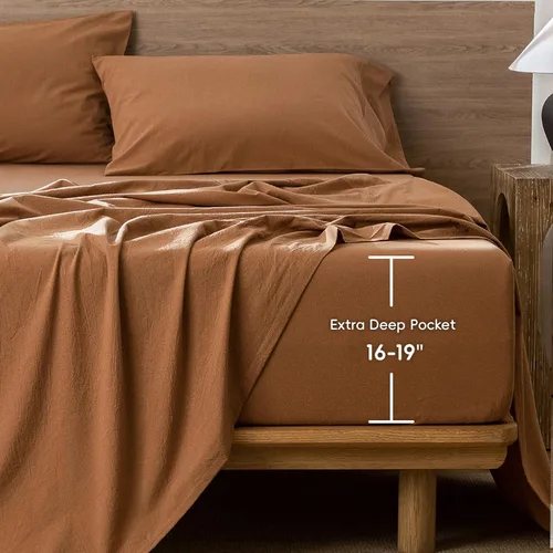Vista 3 de MooMee Sábana bajera ajustable únicamente, 100% algodón lavado con textura tipo lino, transpirable, duradera, suave, cómoda, bolsillo profundo se