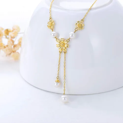 Vista 5 de SISGEM Collar de girasol de oro macizo de 14 quilates para mujer collar de oro con forma de Y collar de Lariat cumpleaños aniversario día