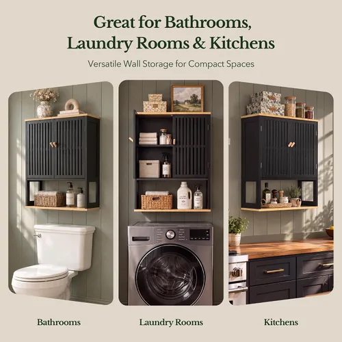 Vista 4 de Mueble de pared para baño, 24 "x 30", puertas de listones de bambú Negro-1