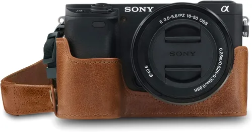 Vista 9 de MegaGear MG1641 Ever Ready - Media funda de cuero genuino para cámara compatible con Sony Alpha A6100, A6400 - Negro