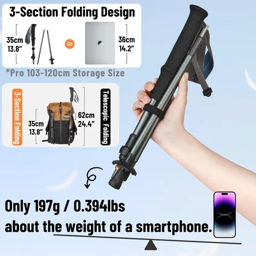 Vista 2 de Naturehike Changfeng Pro/UL - Bastón de senderismo plegable de 3 secciones ligero de carbono y aluminio, para mujeres, hombres y personas mayores