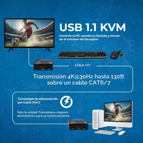 Vista 8 de OREI KVM - Extensor HDMI 4K Balun sobre cable Ethernet CAT6/7 4K, 30Hz hasta 130 pies, 2 puertos USB 1.1, compatible con teclado y mouse Ethernet