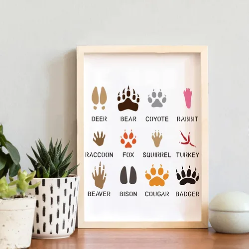 Vista 5 de BENECREAT 12 plantillas de huellas de animales, 12 x 12 pulgadas, plantillas de dibujo de ciervos/osos/conejos/zorros/pavo, para pintura de pared