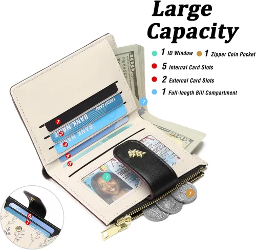 Vista 2 de GAEKEAO Billeteras pequeñas para mujer, con bloqueo RFID, de cuero, plegable, con cremallera, bolsillo para tarjetas de crédito, con ventana