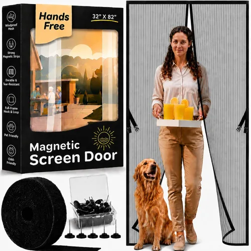 Vista 17 de Puerta mosquitera magnética manos libres, resistente, protector de malla de puerta de mosquitero autosellado, apto para mascotas y niños, hebilla