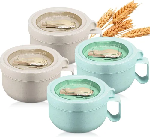 Vista 7 de Maxdot 4 piezas de tazón para microondas de ramen, tazones de sopa instantánea aptos para microondas con tapas, tazones grandes de sopa con asas