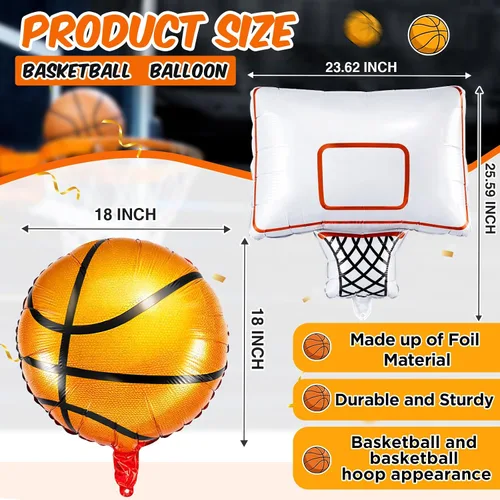 Vista 2 de Soulchen Juego de 6 globos de papel de aluminio para fiesta de baloncesto con 4 globos de baloncesto naranjas y 2 globos decorativos de aro