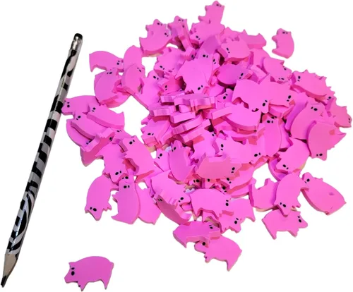 Vista 3 de Borradores de lápiz de cerdo rosa a granel (paquete de 144) de doble cara. Papelería para niños, dibujo de artes y manualidades