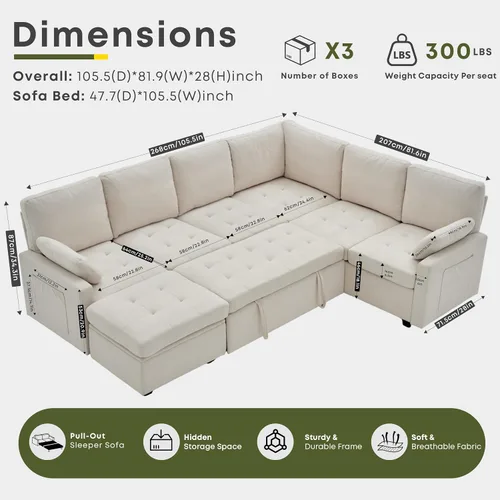Vista 3 de Huatean Home Sofá extraíble de 105 pulgadas con almacenamiento, sofá cama, sofás modulares en forma de U de 7 asientos para sala de estar, sofá Beige