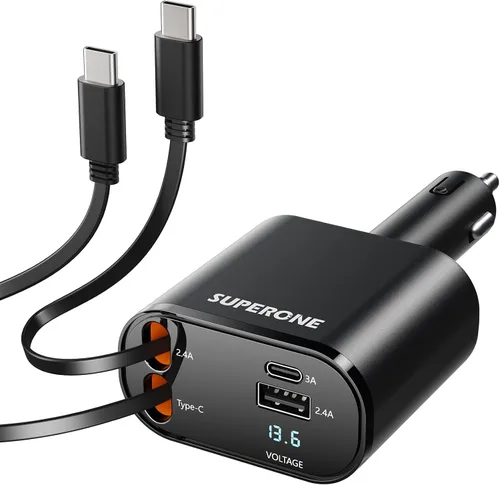 Vista 9 de SUPERONE Cargador retráctil para automóvil, pequeño cargador de automóvil para iPhone, cargador de teléfono para automóvil con USB C y cable Apple