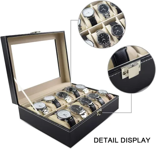 Vista 3 de GUKA Caja de reloj con 10 ranuras organizador de cristal real con cuero sintético para hombres y mujeres