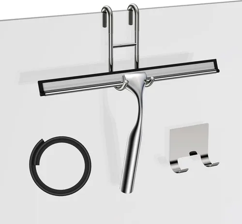 Vista 10 de Shower Squeegee for Glass Doors, 10-Inch Stainless Steel Squeegee Bathroom Doors Mirror Car Windows with Matching Hooks Holder and Replacement Blade