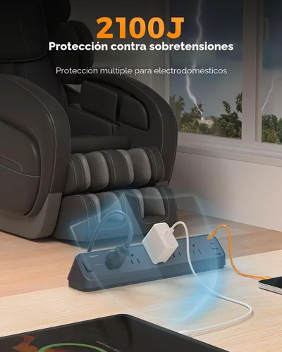 Vista 4 de Regleta de Energía con Abrazadera para Escritorio Negra, TESSAN Cable de Extensión de Enchufe Plano de 6 Pies con Múltiples Tomacorrientes, 5