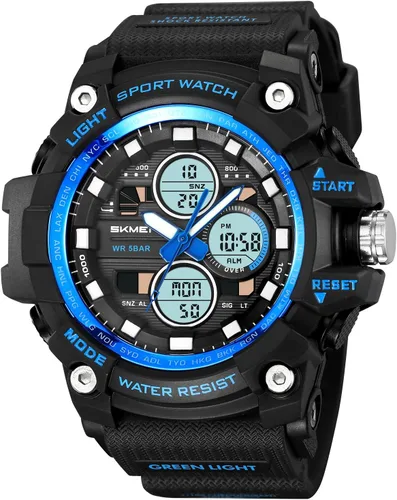 Vista 11 de Reloj analógico de cuarzo para hombre con doble pantalla y alarma digital con iluminación LED