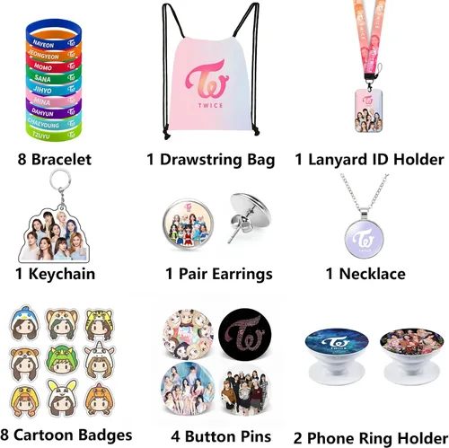 Vista 2 de Juego de regalo de dos veces, incluye mochila con cordón, collar, aretes, pulseras, pasadores de botón, soporte de identificación con cordón