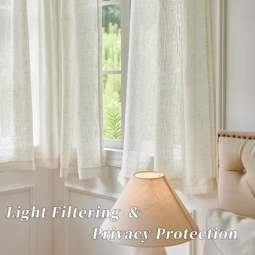 Vista 3 de 2 paneles de cortinas de lino transparente natural de 45 pulgadas, color beige para ventanas pequeñas, bolsillo con pestaña trasera, cortinas cortas