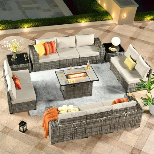 Vista 27 de ovios Juego de muebles de patio de 6 piezas, sofá seccional de mimbre para exteriores con mesa auxiliar, cómodos cojines, moderno sofá modular Beige