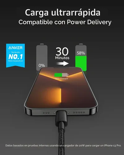 Vista 2 de Anker Nuevo Cable de Nylon USB C a Lightning, Certificado MFi de Apple para iPhone Serie 14, y Más (1 pie, Negro) Para iPhone 14 Series y más