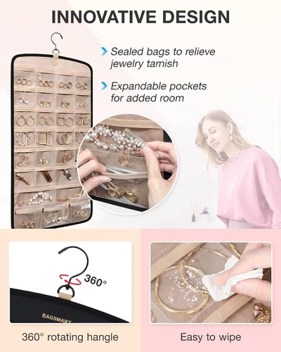 Vista 4 de BAGSMART Organizador de joyas colgante, soporte para collares, aretes antienredos, colgador de anillos con 10 bolsas de joyería, rollo