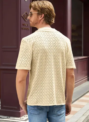 Vista 3 de JMIERR Suéter casual de punto de ganchillo para hombre, polo de manga corta, con botones, camisas de playa