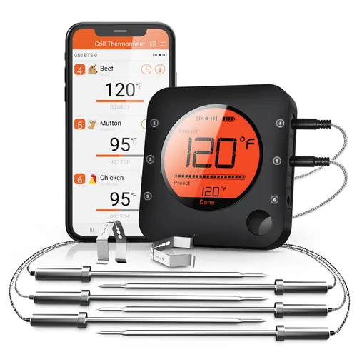 Vista 8 de BFOUR Termómetro de carne inalámbrico Bluetooth, termómetro digital LCD para carne con doble sonda, termómetro remoto inalámbrico para ahumador