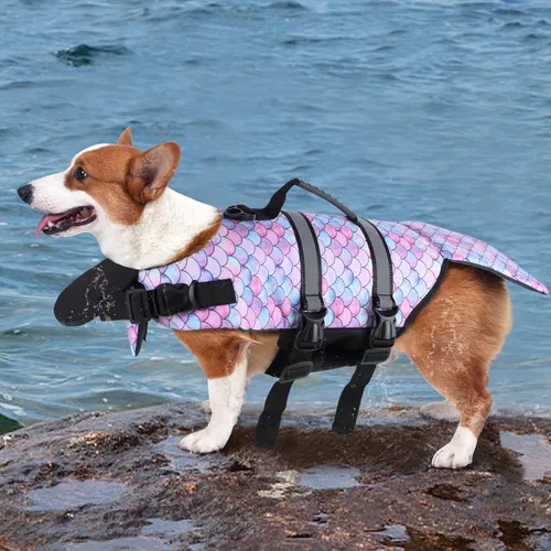 Vista 8 de Chaleco salvavidas para perros, tejido antidesgarros Ripstop, chaleco flotante ajustable para perros, reflectante, duradero, con asa de rescate