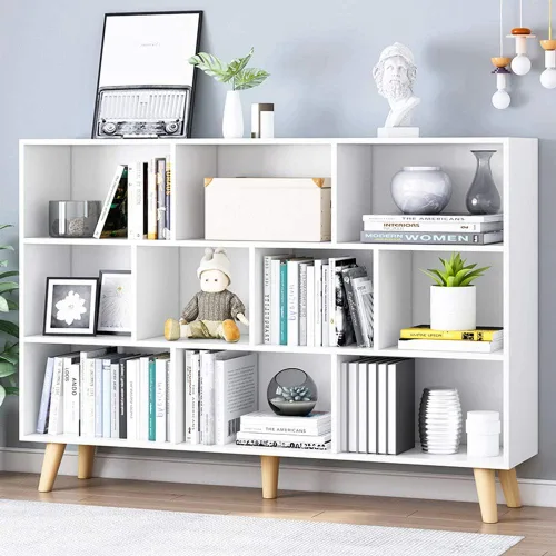 Vista 30 de IOTXY - Estantería de madera con espacios abiertos, 3 niveles, con patas, 5 cubos, color azul brillante Nordic Minimalist Style, MDF