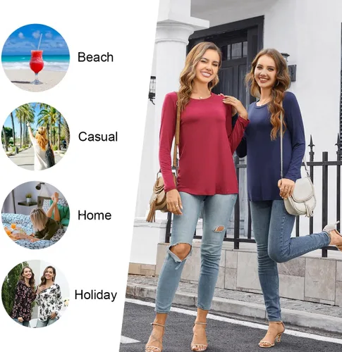Vista 4 de LONGYUAN Womens Long Sleeve Tops 2024 Fall Casual Tunic Stretchy Loose T-Shirts Basic Blouse