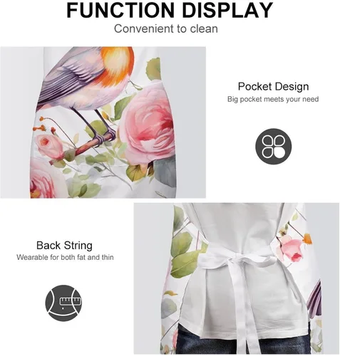 Vista 6 de Personalized Floral Print Watercolor Robin Bird Adult Apron, Kitchen Cooking Aprons for Woman Man, Adjustable Bib Apron with Pocket for Baking, BBQ