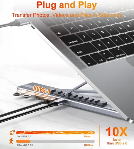 Vista 3 de Base de acoplamiento USB C de 5 en 1 con soporte para portátil de aluminio ajustable, concentrador USB C con 4 puertos USB A 3.0 con transferencia