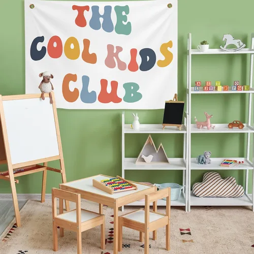 Vista 6 de Yinkin Playroom Decor The Cool Kids Club - Pancarta de pared de 36 x 26 pulgadas, diseño de arco iris, lindo y colorido tapiz para colgar