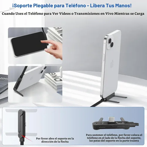 Vista 4 de Paquete de 3 cables USB C a USB C con soporte de teléfono integrado en ángulo recto de 90°, 240 W, 5 pies, cable de carga rápida trenzado de nailon