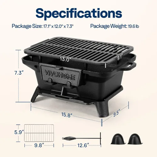 Vista 7 de VIVOHOME Parrilla de carbón rectangular de hierro fundido con rejilla de doble cara, parrilla de barbacoa portátil al aire libre, estufa de mesa