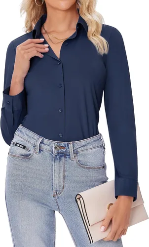 Vista 19 de siliteelon Camisas con botones para mujer, ajustadas, de manga larga, elásticas, de vestir, camisas de trabajo, sin arrugas, blusas de oficina