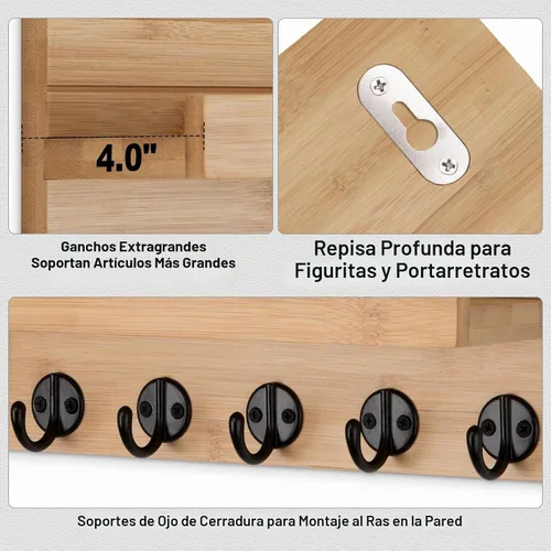 Vista 2 de Lwenki Soporte para llaves de pared, llave de entrada y soporte para correo con 7 ganchos resistentes para lentes de sol, correa de perro, estante