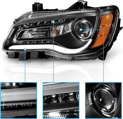 Vista 4 de AmeriLite Par de faros delanteros para faros delanteros de tubo LED negro para Chrysler 300 Sedan OE+ 2011-2014, lado del pasajero y del conductor