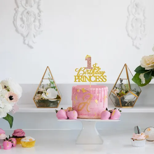 Vista 4 de Decoración de princesa para pastel de primer cumpleaños, letrero de corona brillante de oro rosa, palillos reutilizables para tartas para niñas