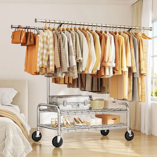 Vista 6 de Raybee Perchero de ropa resistente con carga de 500 libras, perchero con ruedas, doble barra para colgar ropa, perchero comercial portátil