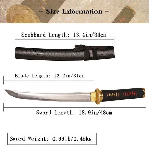Vista 2 de Katana corta de 19 pulgadas espada samurái afilada mini espada samurái espada completa espiga 1045 acero al carbono medio oro tanto