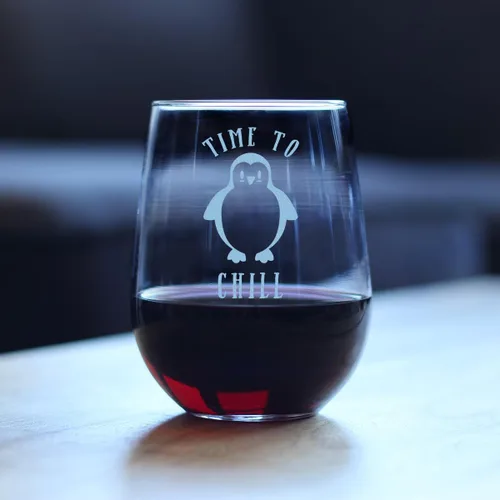 Vista 3 de Custom Time to Chill - Personalized Stemless Wine Glass - Funny Penguin Themed Gifts and Decor - Large 17 oz - Customized Wine Glass Gift
