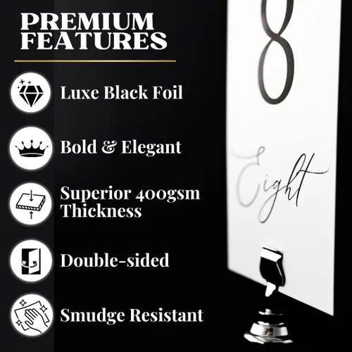 Vista 2 de Números de mesa del 1 al 30 Elegantes tarjetas de números de aluminio negro, de doble cara, resistentes de 4 x 6 pulgadas con cabeza y mesa
