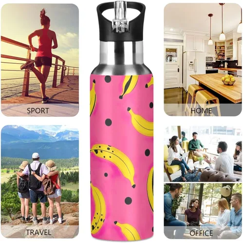 Vista 5 de Stainless Steel Water Bottle 20 Oz, Leakproof Water Bottles for Gym Outdoor Travel School, Yellow Bananas Black Dots
