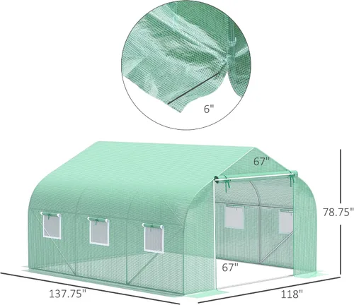 Vista 7 de Outsunny - Invernadero al aire libre de 11.5' x 10' x 6.5', diseño de túnel, con ventanas enrollables, puerta con cremallera, cubierta de PE Verde