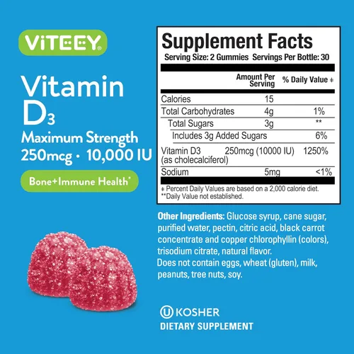 Vista 4 de Viteey Gomitas de vitamina D3 para adultos y adolescentes, 10,000 UI, 250 mcg, máxima fuerza, salud de las articulaciones y los músculos, refuerzo