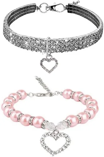 Vista 7 de Juego de Collar y Correa de Perro con Diamantes de Imitación y Perlas, Ajustable, Perros/Gatos Pequeños, Hembra, Elegante, Perla