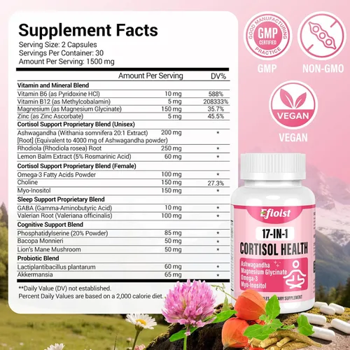 Vista 7 de Reductor de cortisol, suplemento de cortisol 17 en 1 para mujeres, armonía hormonal para mujeres con Ashwagandha, Rhodiola Rosea, glicinato