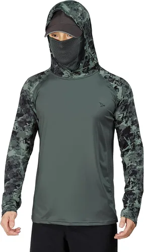Vista 20 de Rodeel - Camisa de pesca para hombre con manga larga, UPF 50+, rendimiento de alto rendimiento para senderismo, con máscara, protección UV