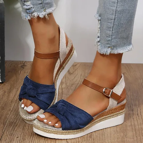 Vista 2 de Womenyiaor Sandalias de cuña para mujer, alpargatas para mujer, punta abierta, correa al tobillo, sandalias de tacón de cuña, sandalias elegantes