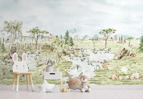 Vista 7 de Murwall Kids Woodland Animals Wall Mural Watercolor Village Wallpaper for Toddler Room Nursery Nature Wallpaper